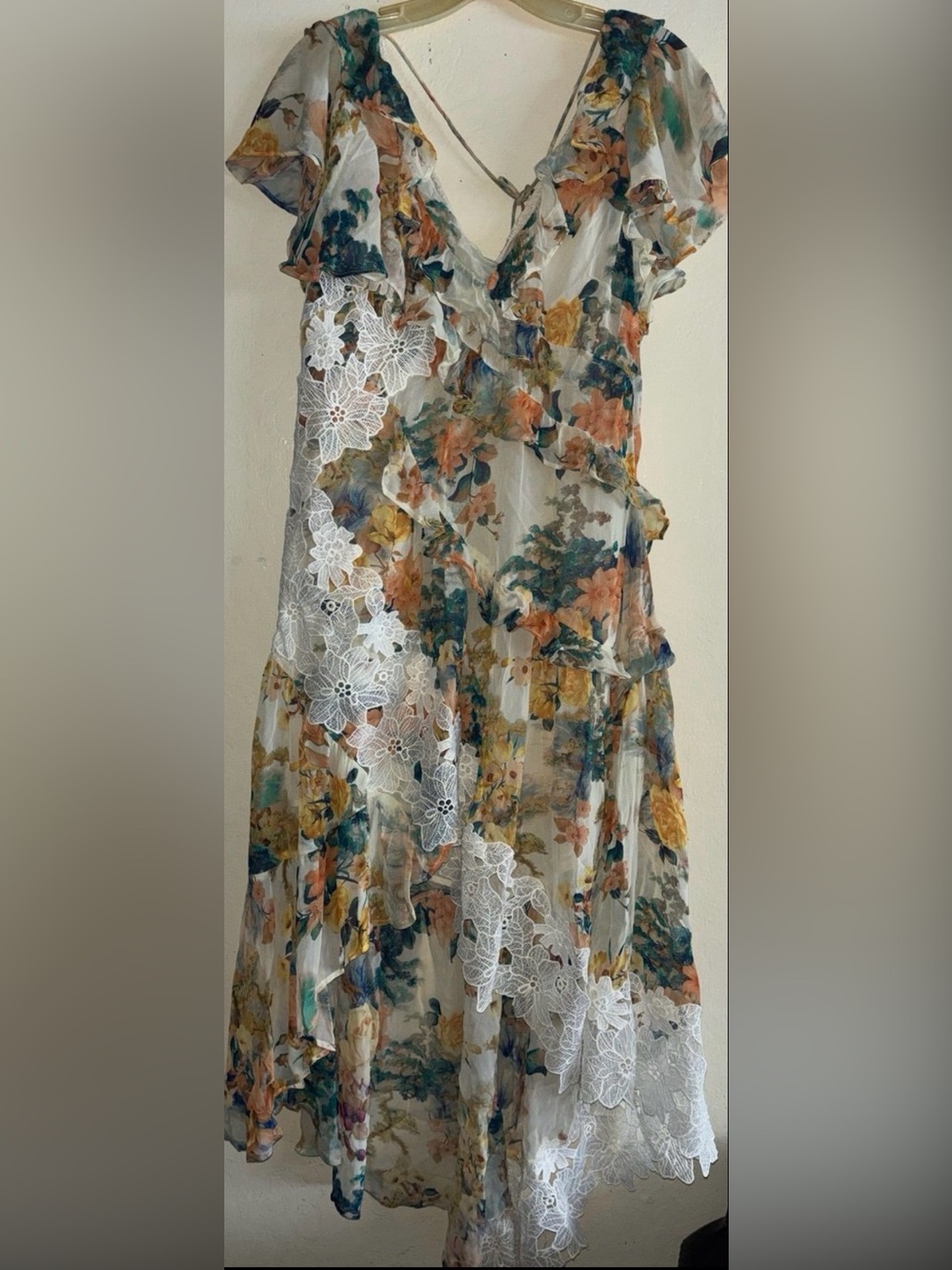 Anthropologie floral lace ruffle maxi dress